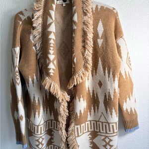 Santa Fe style Brown and White Patterned Cardigan with fringe - vintage store !
